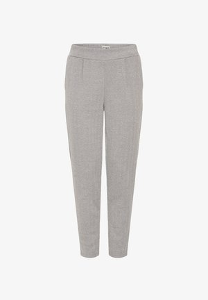 Pantalons fuselés à motif chevrons gris avec taille élastique et poches latérales, présentés sur fond blanc.