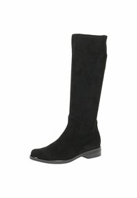 Bota negra hasta la rodilla hecha de suave ante, con un diseño limpio, tacón bajo y acentos suaves en la suela.