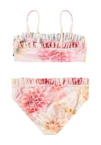 Tvådelad baddräkt med ett rosa blommönster och volangdetaljer, tillverkad av stretchigt material. Toppen har justerbara band.