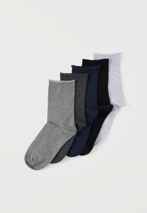 Five pairs of crew-length socks in light gray, black, navy blue, dark gray, and medium gray arranged in a fan on a white background.