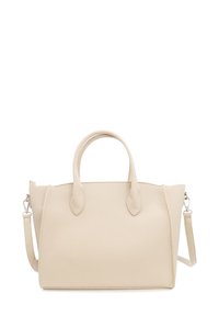 Beżowa skórzana torebka o strukturalnym designie, z dwoma uchwytami i odpinanym paskiem na ramię. Teksturowana powierzchnia bez widocznych elementów metalowych.