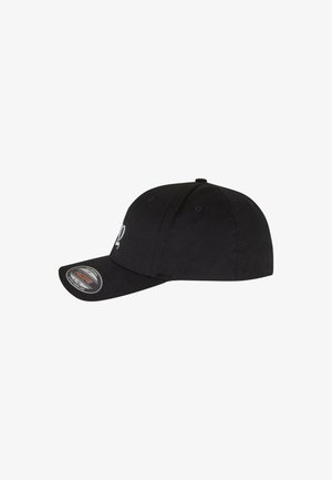 Schwarze Baseballmütze mit gebogenem Schirm, aus Baumwolle hergestellt. Verfügt über ein aufgenähtes Logo auf der Vorderseite und Belüftungslöcher an den Seiten.