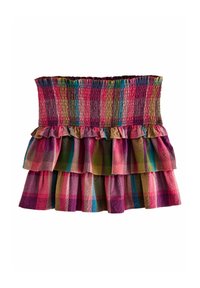 Gonna colorata a strati senza maniche, realizzata in tessuto strutturato. Presenta uno smock elastico nella parte superiore e un motivo a quadri vivace in tonalità di rosa e verde.