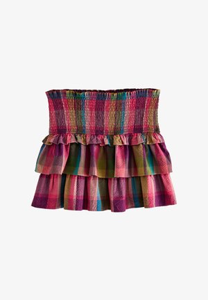 Színes, réteges, ujjatlan szoknya texturált anyagból. Rugalmas szmoking az elején és élénk, rózsaszín és zöld árnyalatú kockás mintázat jellemzi.