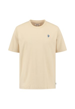Beige cotton t-shirt with a crew neck, short sleeves, and a small blue embroidered design on the left chest. Simple and relaxed cut.