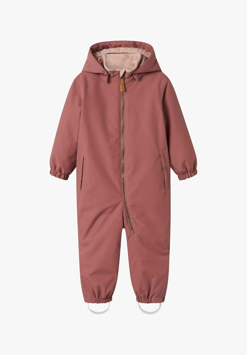 Vodoodporen, roza snežni kombinezon z sprednjim zadrgo, elastičnimi manžetami, dvema stranskima žepoma in mehkim flisom v kapuci.