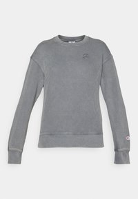 Grå ribbestrikket hettegenser med lange ermer, rund halsutskjæring, og logo på brystet. Den har cuffs og nederkant med en glatt finish.