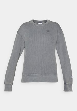 Gray ribbed sweatshirt with long sleeves, round neckline, and logo on the chest. Features cuffs and hem with a smooth finish.