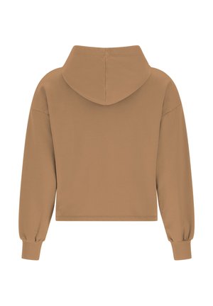 Ruskea lyhyt huppari, jossa pitkät hihat ja resorireunukset, esitetty takaapäin valkoisella taustalla.