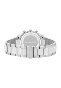 Montre en acier inoxydable argenté avec un bracelet à maillons, boîtier rond et gravures au dos, y compris le nom de la marque "SPEARS & WALKER."