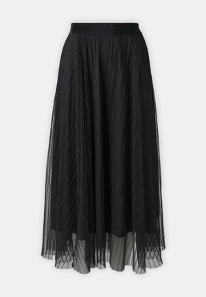 Black pleated midi skirt with a fitted waistband. Sheer fabric layered over a solid underlay, creating a textured, flowing design.