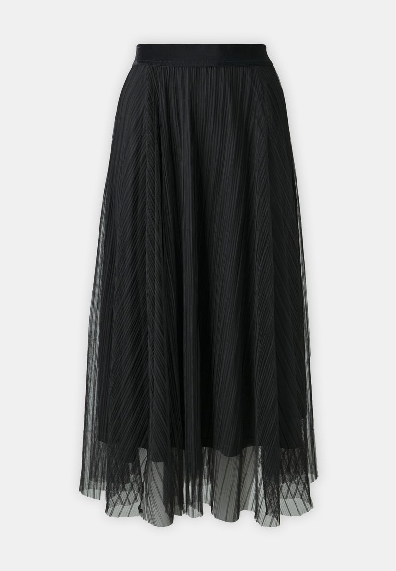 Jupe midi plissée noire avec une taille ajustée. Tissu transparent superposé à un sous-vêtement solide, créant un design texturé et fluide.
