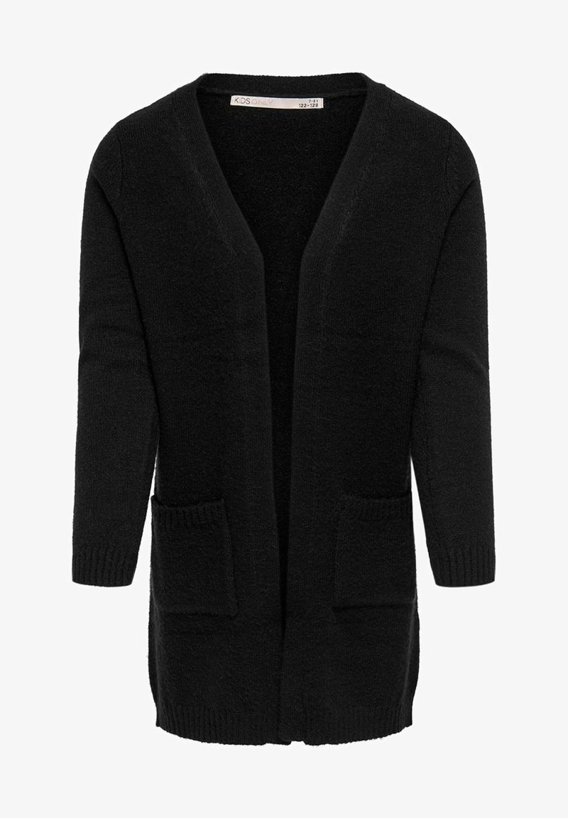 Cardigan nero lavorato a maglia con scollatura a V, maniche lunghe e due tasche frontali. Texture morbida, design con apertura frontale e polsini a costine.
