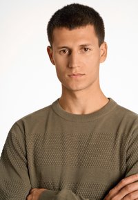 Maglione verde oliva con un motivo testurizzato di diamanti in rilievo su tutta la superficie. Caratterizzato da un collo rotondo e maniche lunghe.