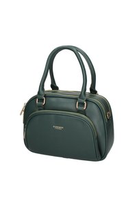 Borsa a mano in pelle verde con doppie tasche con zip, forma arrotondata e manici corti. Presenta dettagli in metallo dorato e superficie texturizzata.