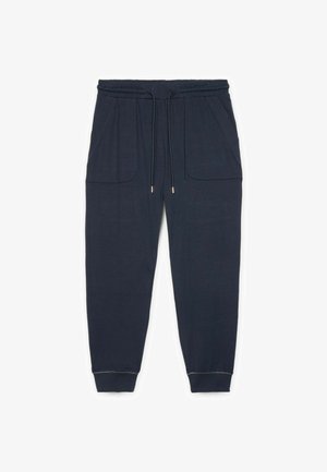 Pantaloni jogger bleumarin confecționați dintr-un material moale, cu talie elastică, șnur pentru ajustare, două buzunare laterale și manșete ajustate la glezne.
