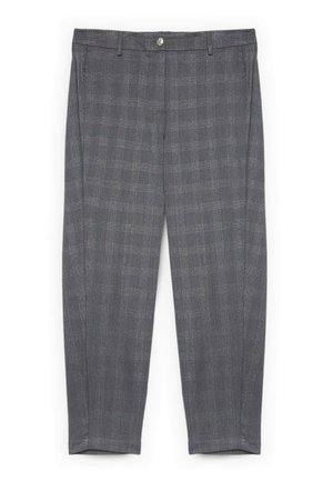 Grijze geplaid broek gemaakt van geweven stof. Heeft een vlakke voorkant, riemlussen en een sluiting met één knoop. Rechte pijp met subtiele textuur.