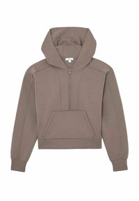 Sudadera con capucha beige recortada en tela suave con cremallera frontal, capucha ajustable y un bolsillo tipo canguro. Cuenta con puños y costuras acanalados.