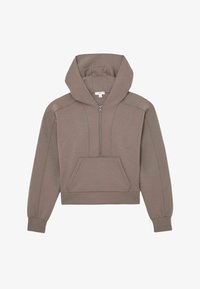 Sudadera con capucha beige recortada en tela suave con cremallera frontal, capucha ajustable y un bolsillo tipo canguro. Cuenta con puños y costuras acanalados.