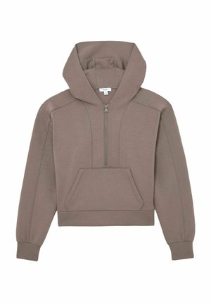 Krótka beżowa bluza z kapturem wykonana z miękkiego materiału, z przednim zamkiem błyskawicznym, regulowanym kapturem oraz kieszenią kangurką. Posiada ściągacze na mankietach i szwy.