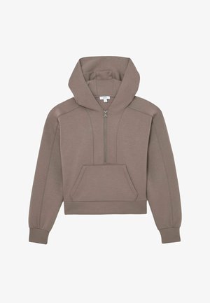 Krótka beżowa bluza z kapturem wykonana z miękkiego materiału, z przednim zamkiem błyskawicznym, regulowanym kapturem oraz kieszenią kangurką. Posiada ściągacze na mankietach i szwy.