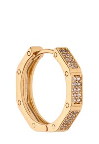 Guld hexagonal hoop-ørering med små indlagte klare krystaller på tre sektioner og runde skrue-detaljer på kanterne.