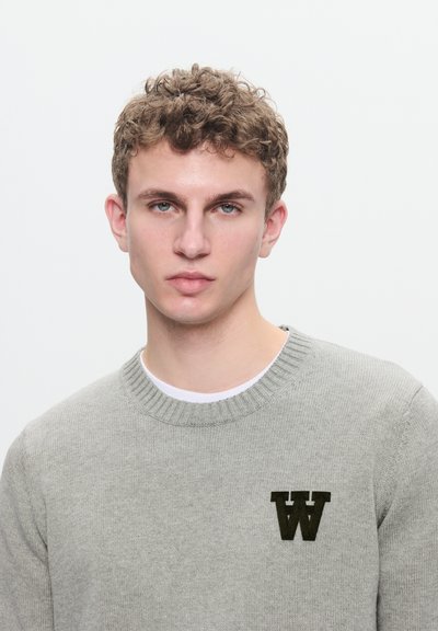 Grå strikket sweater med rund hals og ribbede manchetter. Har et broderet mørkt bogstav "W" på venstre bryst. Glat tekstur.