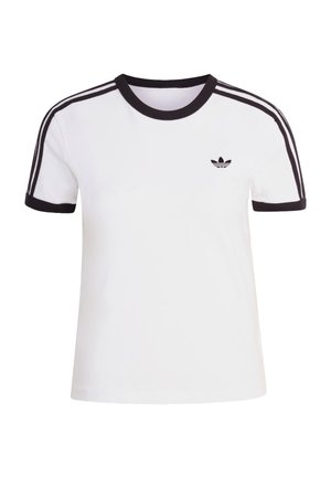 Bílé tričko s krátkým rukávem a černými akcenty, s kulatým výstřihem a třemi černými pruhy na každém rameni. Malé černé logo na hrudi.
