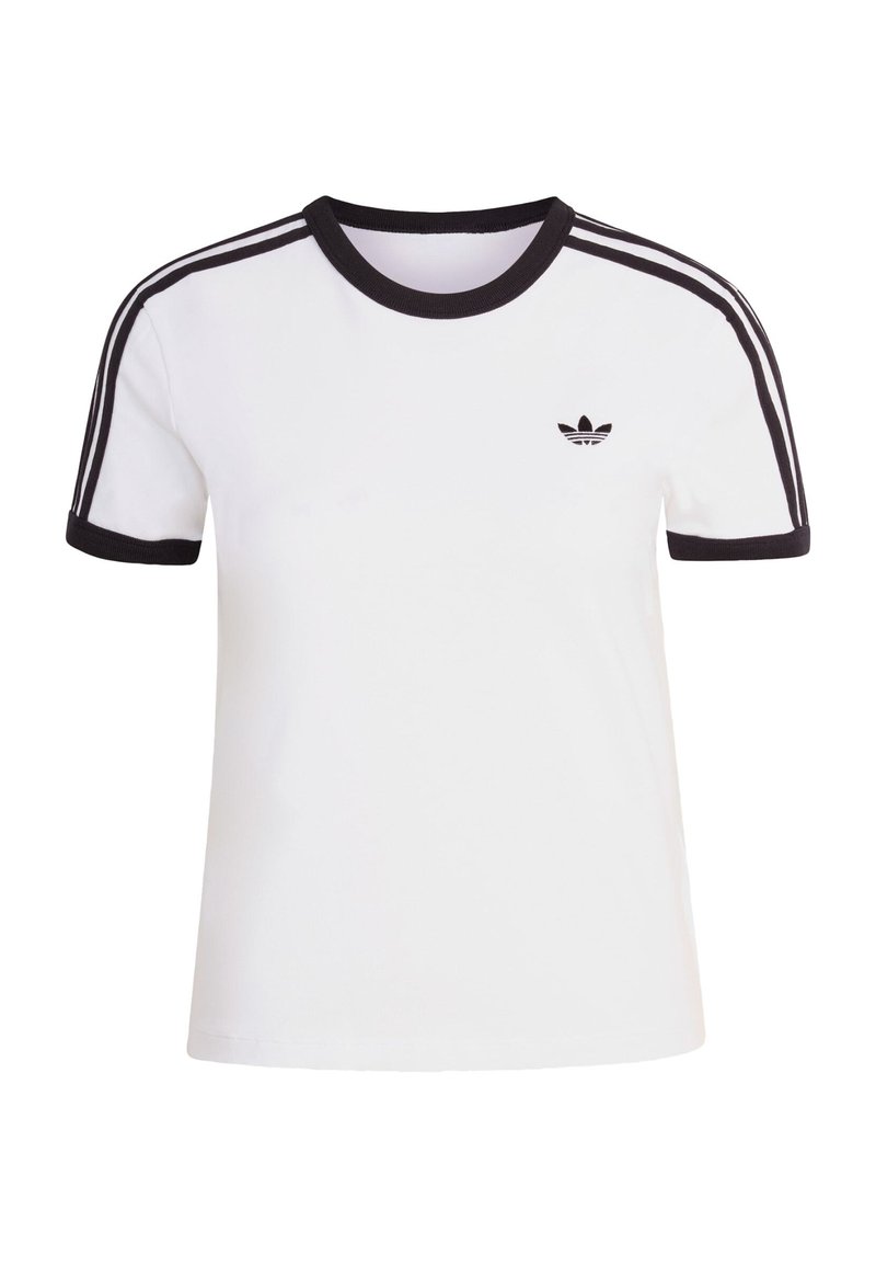 Hvid kortærmet t-shirt med sorte detaljer, der har rund halsudskæring og tre sorte striber på hver skulder. Lille sort logo på brystet.