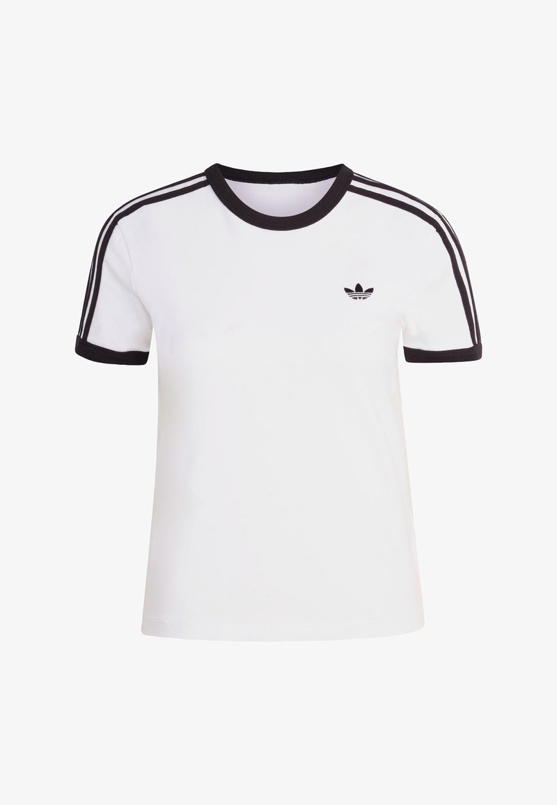 Hvid kortærmet t-shirt med sorte detaljer, der har rund halsudskæring og tre sorte striber på hver skulder. Lille sort logo på brystet.