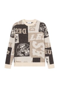 Adīta džemperis, kas raksturots ar beigu, brūnu un krēma krāsas sajaukumu, ar grafiskiem rakstiem un teksta elementiem dažādos izmēros. Apaļš kakls un ribotas piedurknes.