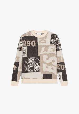 Neulepaita, jossa on sekoitus beigeä, ruskeaa ja kermaista väriä, graafisia kuvioita ja tekstielementtejä eri kokoisina. Pyöreä kaula-aukko ja ribbauskärjet.