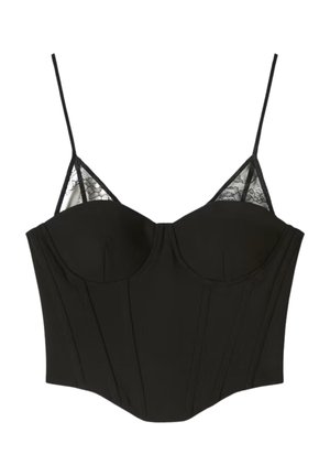 Top bustier nero con coppe a ferretto, sottili spalline regolabili e dettagli in pizzo di rete vicino allo scollo.