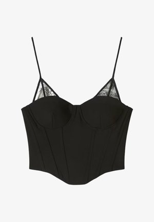 Top bustier negro con copas con aros, tirantes finos ajustables y detalles de encaje de malla cerca del escote.