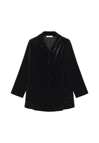 Black velvet jacket with a relaxed fit, pointed collar, center button closure, and two front pockets. Features smooth texture and subtle sheen.