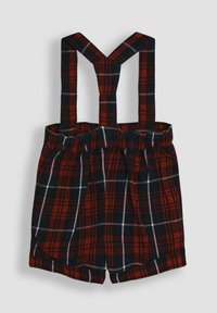 Szorty w kratę w kolorach czerwonym, granatowym i białym, z szerokimi ramiączkami i elastycznym pasem. Miękka tkanina; casualowy design.