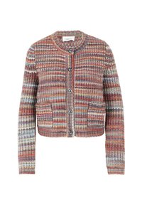 Multicolored striped knit cardigan with round neckline, long sleeves, front buttons, and two front pockets.