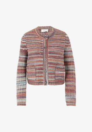 Cardigan a righe multicolori in maglia con collo rotondo, maniche lunghe, bottoni sul davanti e due tasche anteriori.