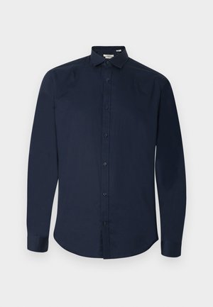 Navy blue long-sleeved button-up shirt made of smooth fabric. Features a classic collar and rounded hem with seven front buttons.