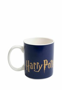Tazza in ceramica con un esterno blu scuro, testo dorato con la scritta "Harry Potter" e un interno bianco liscio. Forma arrotondata con un manico robusto.