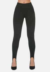 Czarne legginsy wykonane z elastycznego materiału, z wysokim stanem, bocznymi kieszeniami i wycięciami w okolicy kostki. Gładka faktura, dopasowany krój.