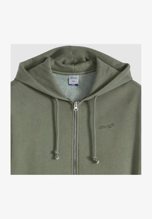 Olive green Levi's zip-up hoodie with drawstrings, fleece lining, and small embroidered logo on the left chest.