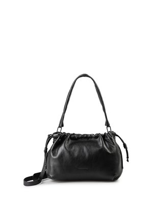 Schwarze Leder-Umhängetasche mit gerafftem oberen Rand, seitlichen Kordelzügen und abnehmbarem langem Riemen, vor schlichtem weißem Hintergrund.