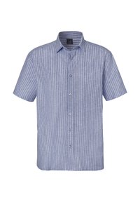 Kurzärmliges Hemd mit Knöpfen aus hellblauem Stoff mit weißen vertikalen Streifen und einem spitzen Kragen. Verfügt über sechs Knöpfe und einen geraden Saum.
