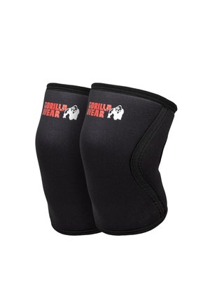 Een paar zwarte gewatteerde kniebeschermers met rode "GORILLA WEAR" tekst en wit gorilla-logo op elk, ontworpen voor gewrichtsondersteuning.