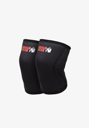 Een paar zwarte gewatteerde kniebeschermers met rode "GORILLA WEAR" tekst en wit gorilla-logo op elk, ontworpen voor gewrichtsondersteuning.
