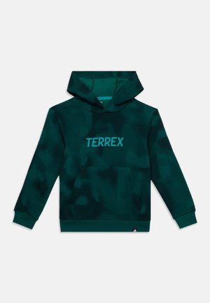 Sweat à capuche vert foncé à motif camouflage avec poche avant et texte "TERREX" en bleu clair sur la poitrine.