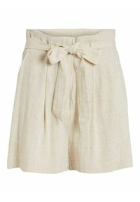Shorts en lin de couleur beige clair, avec une ceinture nouée à la taille, un devant plissé et des poches latérales. Texture lisse avec un design décontracté.