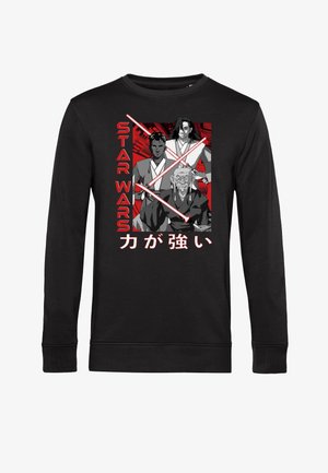 Czarna koszula z długim rękawem z czerwonym napisem „Star Wars”, trzema postaciami w stylu anime trzymającymi czerwone miecze świetlne oraz japońskimi znakami poniżej.