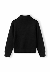 Črn pulover s turtleneck ovratnikom in rebrastimi manšetami ter robom. Mehak material, oprijet kroj in brez vidnih vzorcev ali kovinskih podrobnosti.